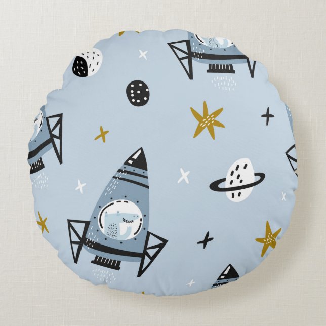 Childish seamless pattern with hand drawn space el round cushion (Front)