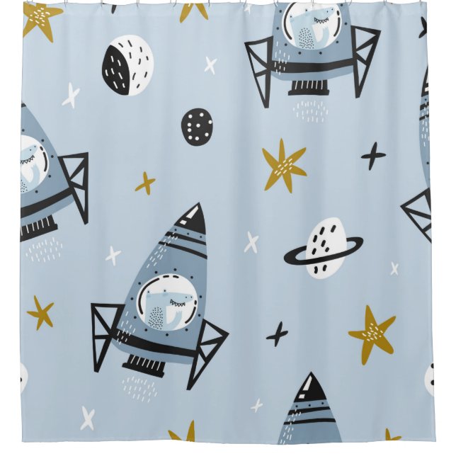 Childish seamless pattern with hand drawn space el shower curtain (Front)