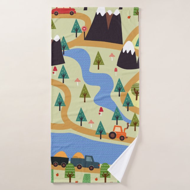 Childish seamless pattern with mountains, river, f bath towel (Bath Towel)