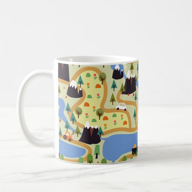 Childish seamless pattern with mountains, river, f coffee mug (Left)