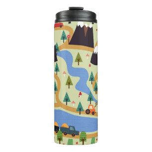 Childish seamless pattern with mountains, river, f thermal tumbler