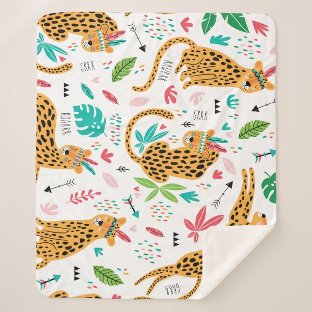 Childish Tribal Leopards Tropical Pattern Sherpa Blanket (Front)