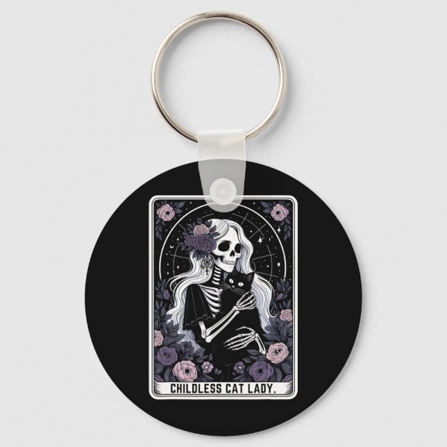 Childless Cat Lady Cute Gothic Skeleton Tarot Card Key Ring (Front)