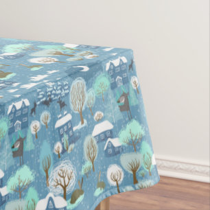 Childlike Winter Scene In Blues  Cotton Tablecloth