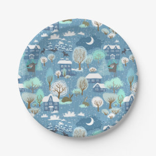 Childlike Winter Scene in Blues Holiday 7" Plates