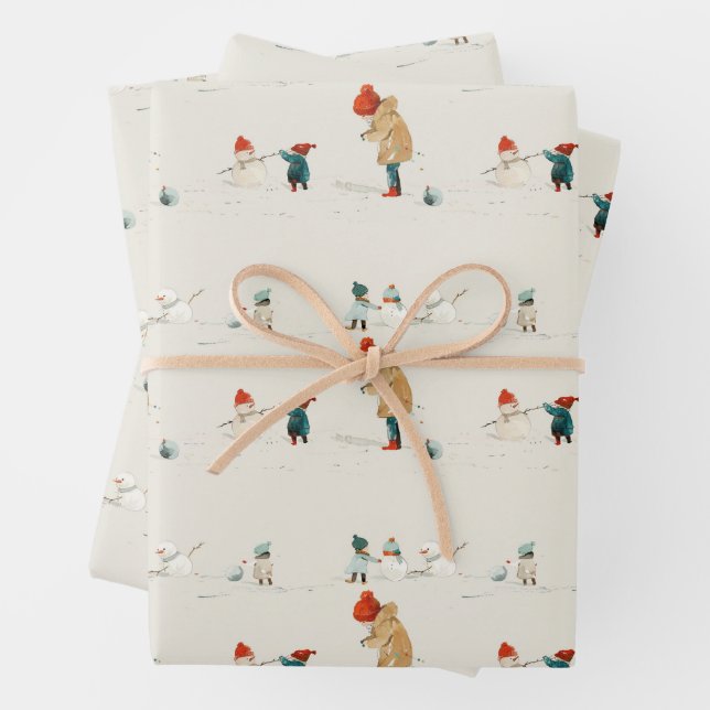 Children and snowmen wrapping paper sheet (In situ)