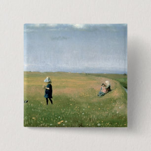 Children and Young Girls picking Flowers 15 Cm Square Badge