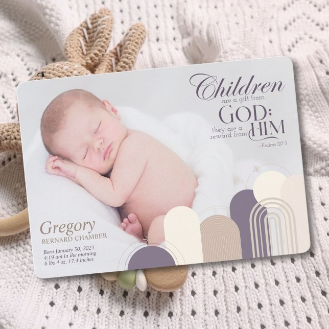 Children Are A Gift Birth Announcement Card (Celebrate your little blessing with a personalized birth announcement featuring Psalm 127:3)