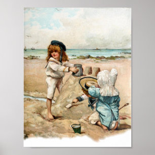 Children Build Vintage Sandcastle Poster