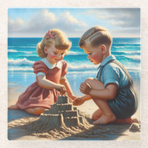 Children Building a Sandcastle on the Beach Glass Coaster