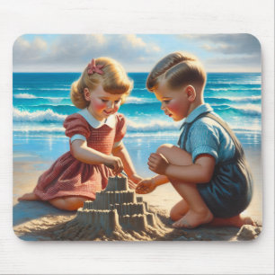 Children Building a Sandcastle on the Beach Mouse Pad