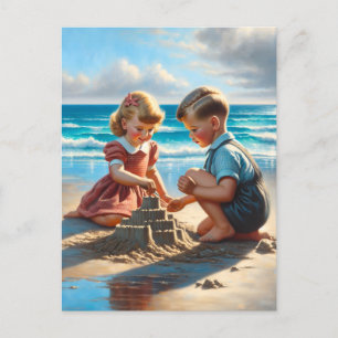 Children Building a Sandcastle on the Beach Postcard