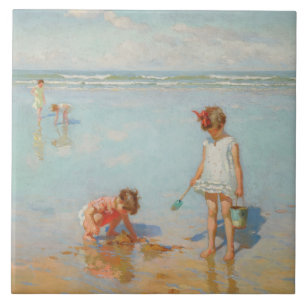 Children by the Sea (Summer Beach Scene) Ceramic Tile