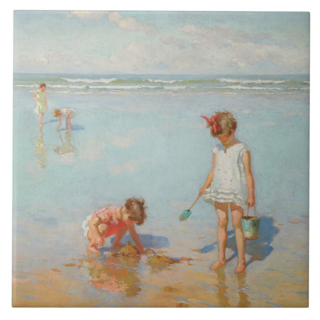 Children by the Sea (Summer Beach Scene) Ceramic Tile (Front)