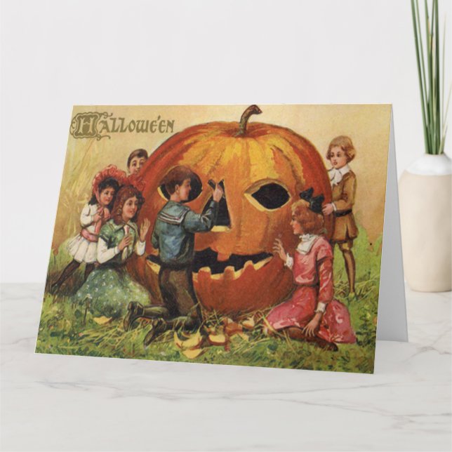 Children Carving Jack O Lantern Pumpkin Card (Front)