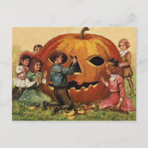 Children Carving Jack O Lantern Pumpkin Postcard