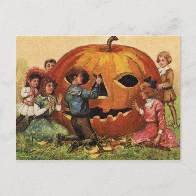 Children Carving Jack O Lantern Pumpkin Postcard (Front)