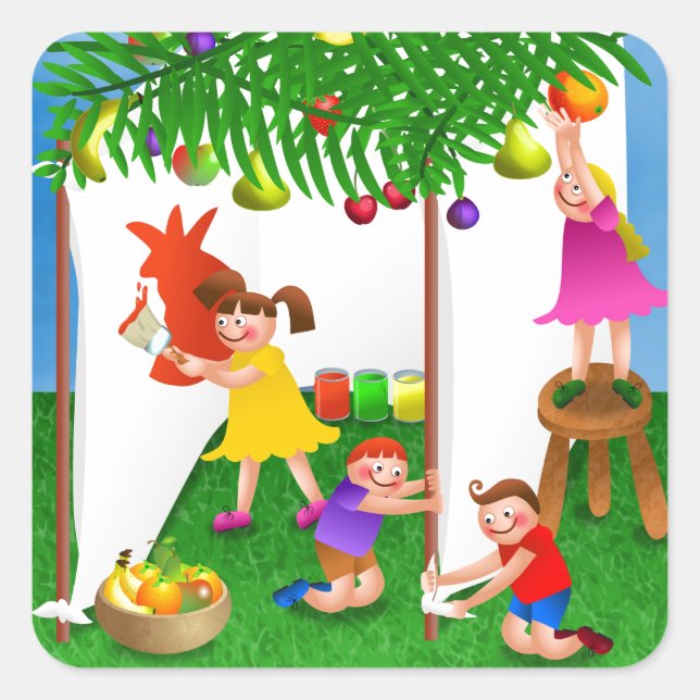 Children Celebrating the Jewish Feast of Sukkot Square Sticker (Front)