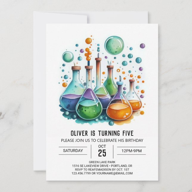 Children Chemistry Experiment Scientist Birthday Invitation (Front)