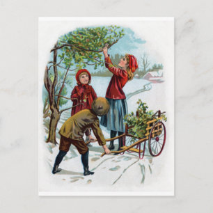Children Collecting Holly in Winter Postcard