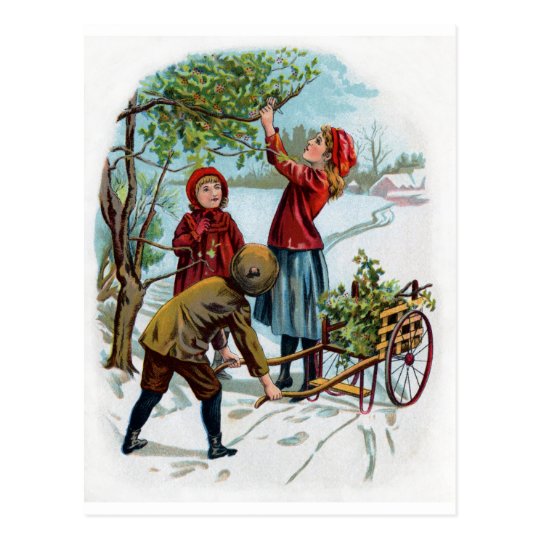 Children Collecting Holly in Winter Postcard