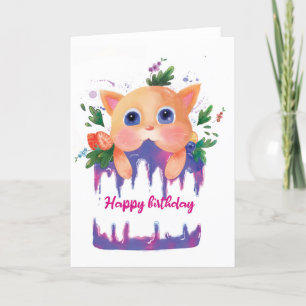 Children Cute Birthday Cat and Cake Birthday Card