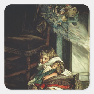 Children dreaming of toys square sticker
