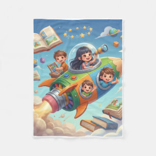 Children Exploring Space Through Cartoon Rocket Fl Fleece Blanket