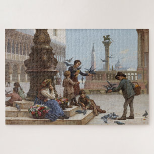 Children Feeding Pigeons in Venice (by Paoletti) Jigsaw Puzzle