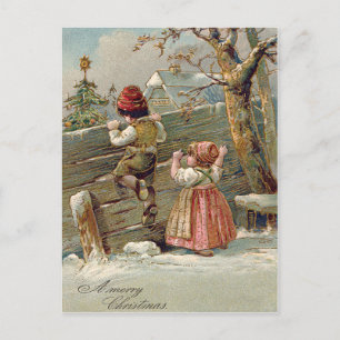 Children Fence Christmas Tree Winter Cottage Holiday Postcard