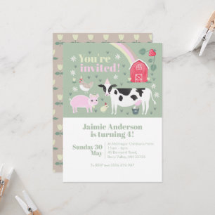 Children Green Fun Farm Animal Cow Birthday Invitation