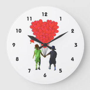 Children holding hands and heart balloons large clock