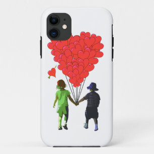 Children holding hands & heart shaped balloons iPhone 11 case