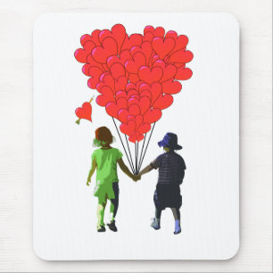 Children holding hands & heart shaped balloons mouse pad