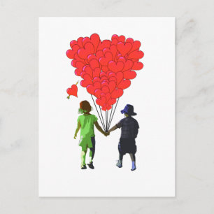 Children holding hands & heart shaped balloons postcard