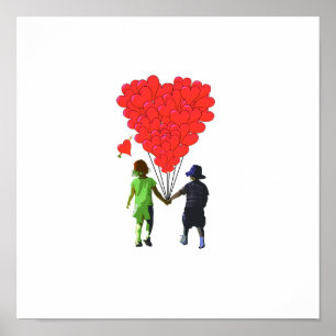 Children holding hands & heart shaped balloons poster