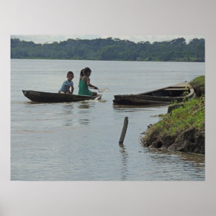 Children in Wooden Boat on Napo River in Peru Poster