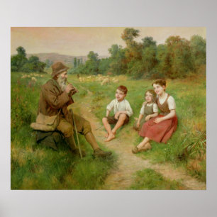 Children Listen to a Shepherd Playing a Flute Poster