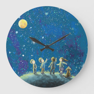 Children Looking At Night Sky  Large Clock