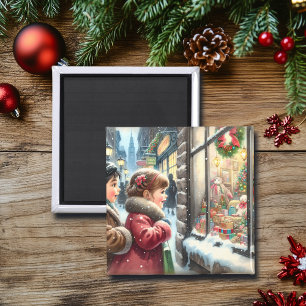Children Looking into a Christmas Window Holiday Magnet