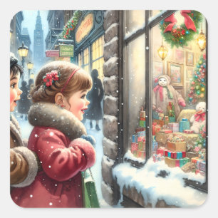 Children Looking into a Christmas Window Square Sticker
