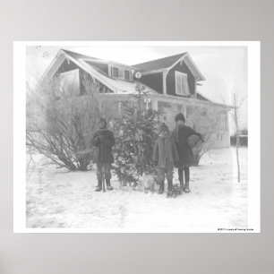 Children outside with Christmas tree Poster