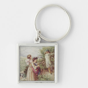 Children picking blackberries, 19th century key ring