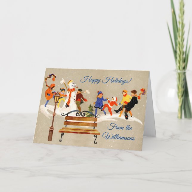 Children Play in Snow Name Art Deco Holiday  Card (Front)