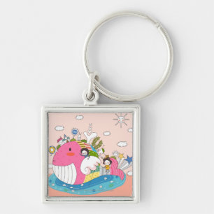 Children playing by fish in pond key ring