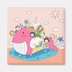 Children playing by fish in pond magnet