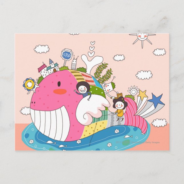 Children playing by fish in pond postcard (Front)