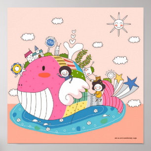Children playing by fish in pond poster