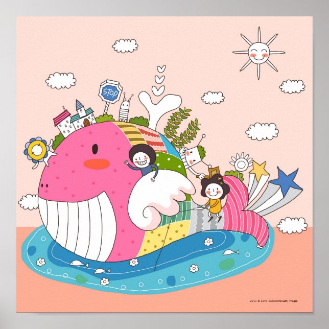 Children playing by fish in pond poster (Front)