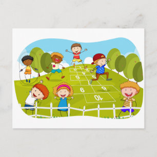 Children playing hopscotch in the park postcard